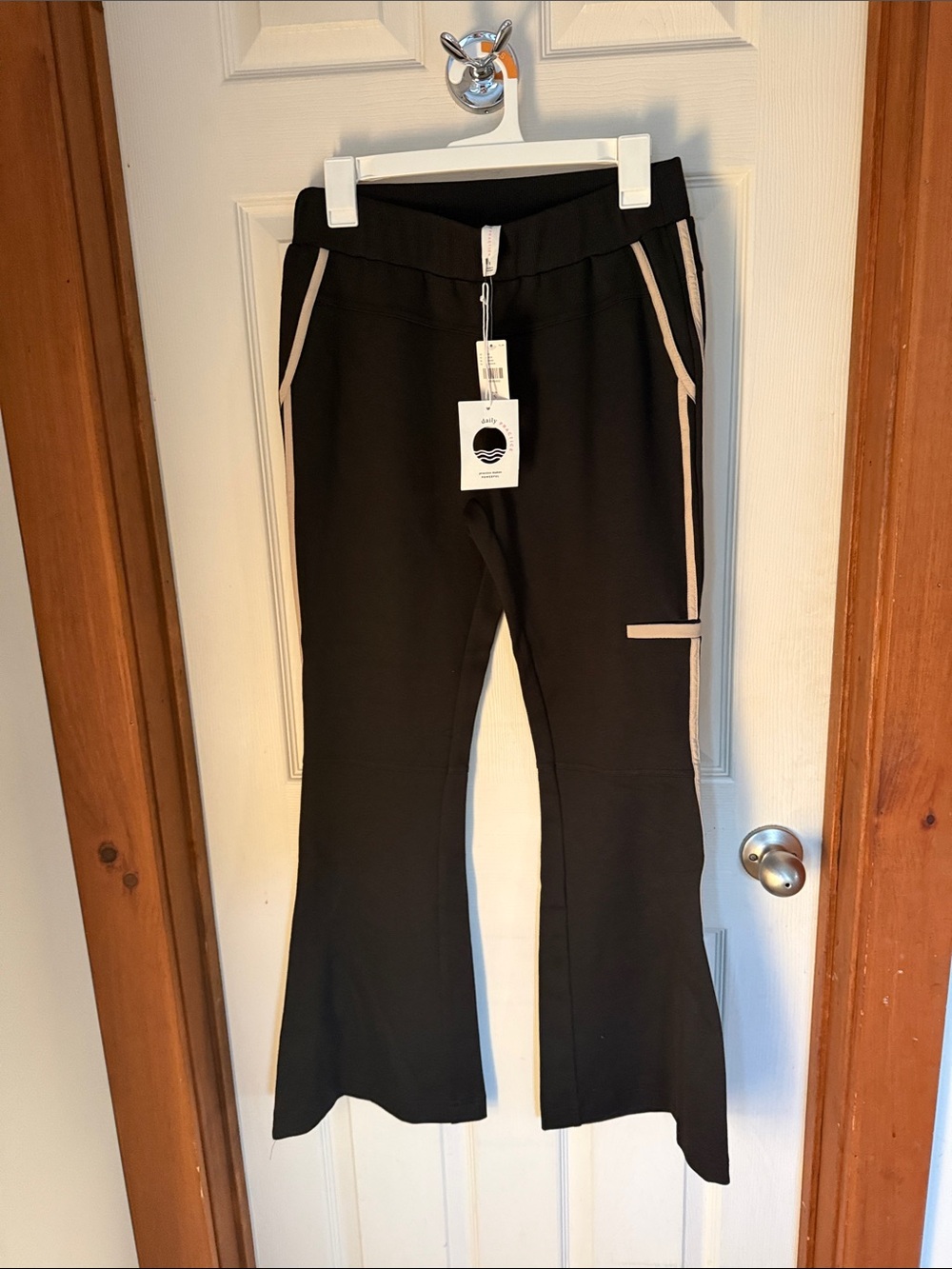 NWT Daily Practicr Black Track Joggers with Cream Side Trim